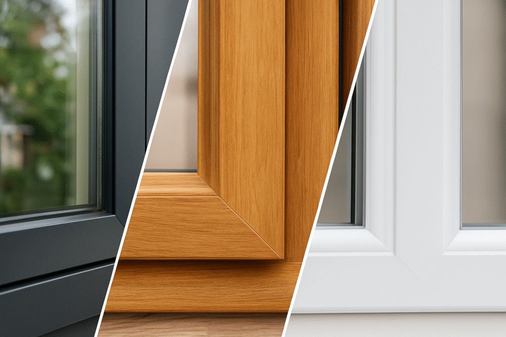 Comparatif visuel des matériaux de menuiserie : aluminium gris anthracite, bois naturel et PVC blanc, montrés en gros plan pour illustrer leurs textures et finitions.